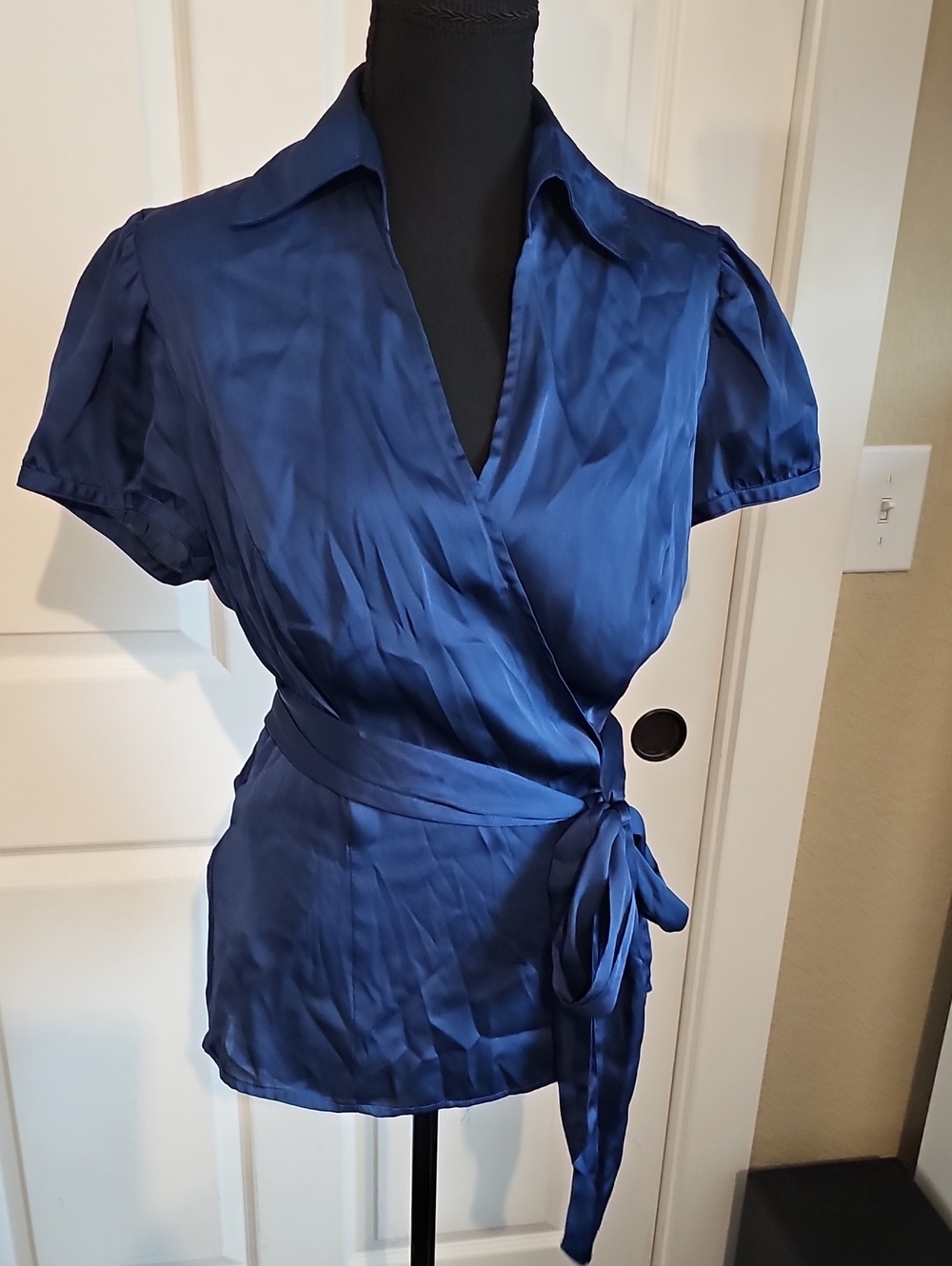 LOFT Navy Wrap Blouse with Short Sleeves